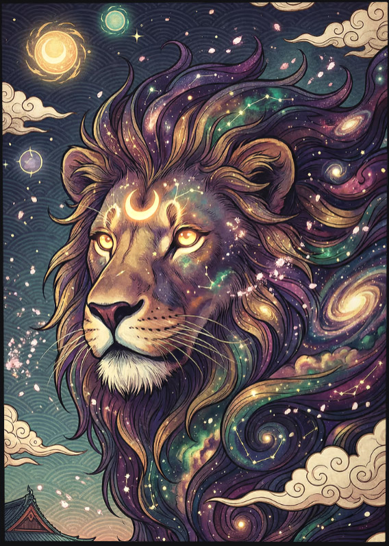 Cosmic Lion with Crescent Moon